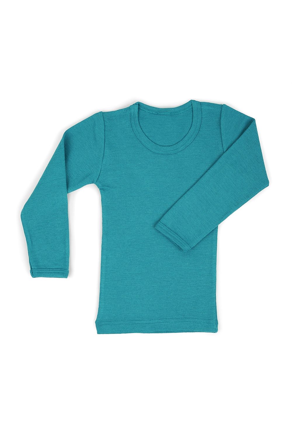 Wolle-Seide Langarmshirt türkis Gr. 164 Rundhals türkises Wolle Seide Langarmshirt aus bio Wolle (kbT), Freisteller für große Größen