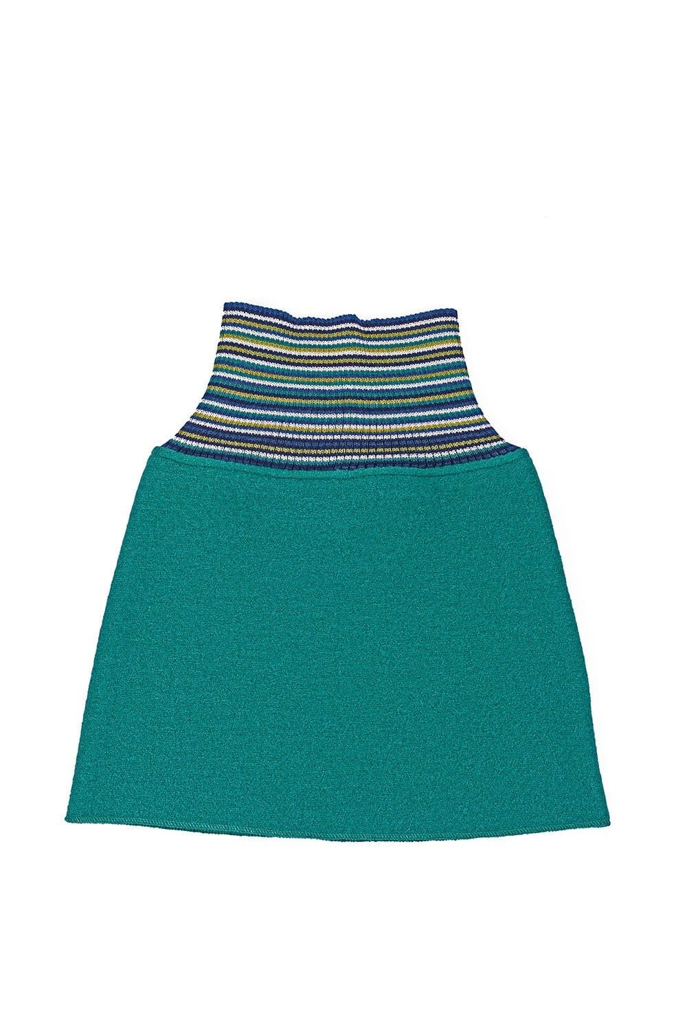 petrolblauer Rock aus Strickwalk mit bio Wolle (kbT) und buntem Strickbund vom Finkhof, Freisteller