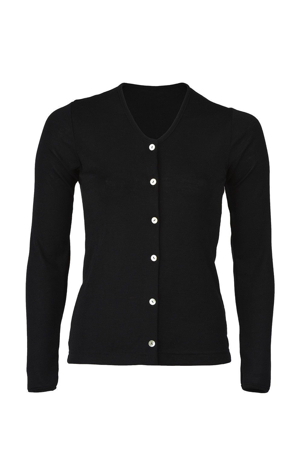 schwarzer Cardigan mit Knöpfen aus bio Wolle (kbT) und Seide, Freisteller