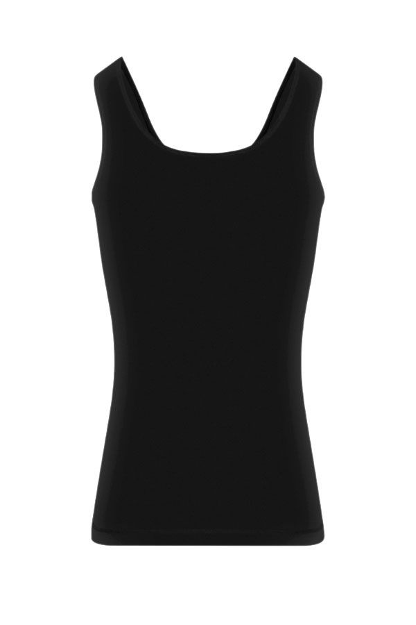 schwarzes Unterhemd mit breiten Trägern aus bio Baumwolle (kbA) und Elasthan, Freisteller von hinten