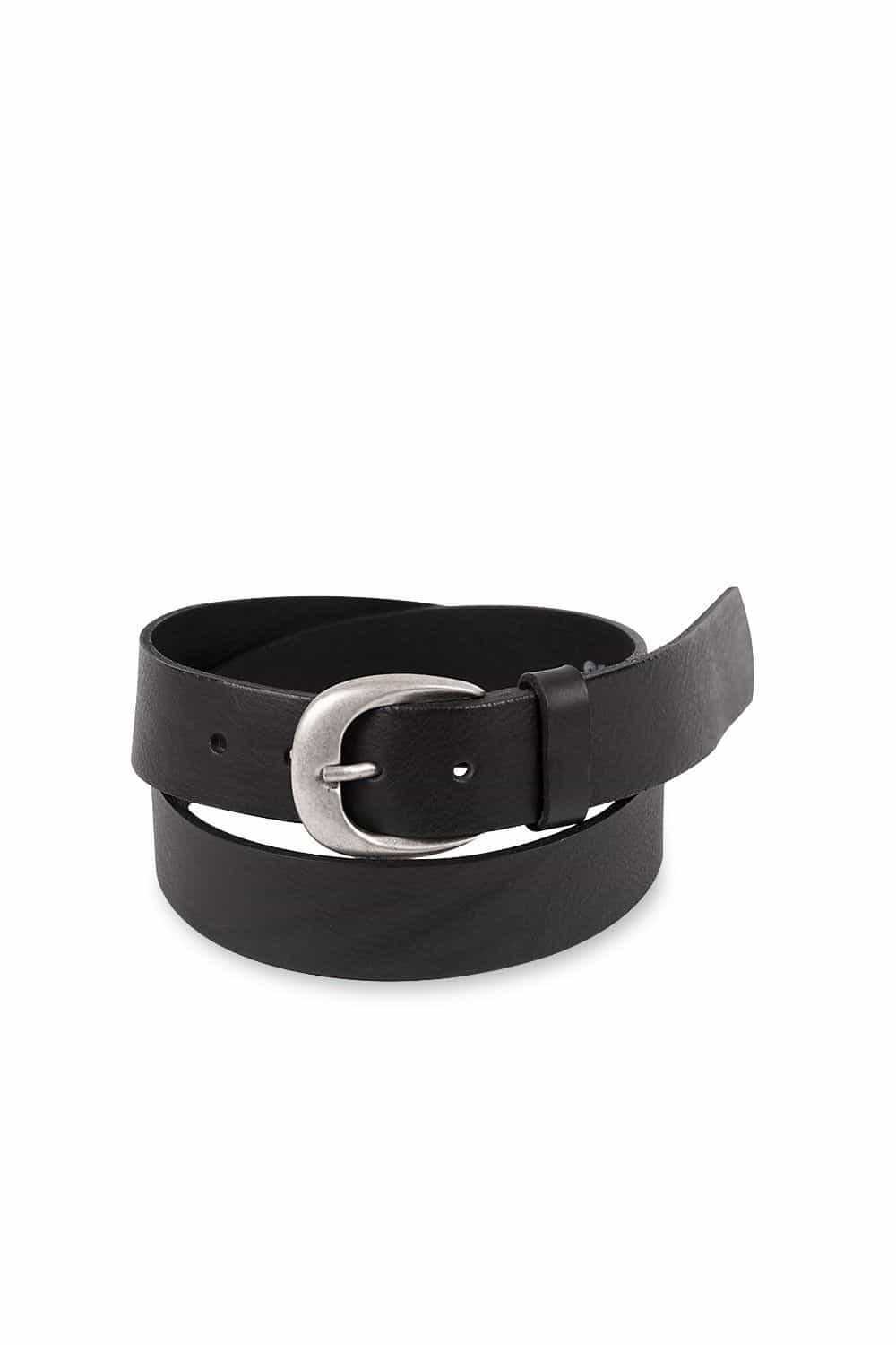 schwarzer Damengürtel aus pflanzlich gegerbtem Rindsleder mit silberner Schnalle, Freisteller