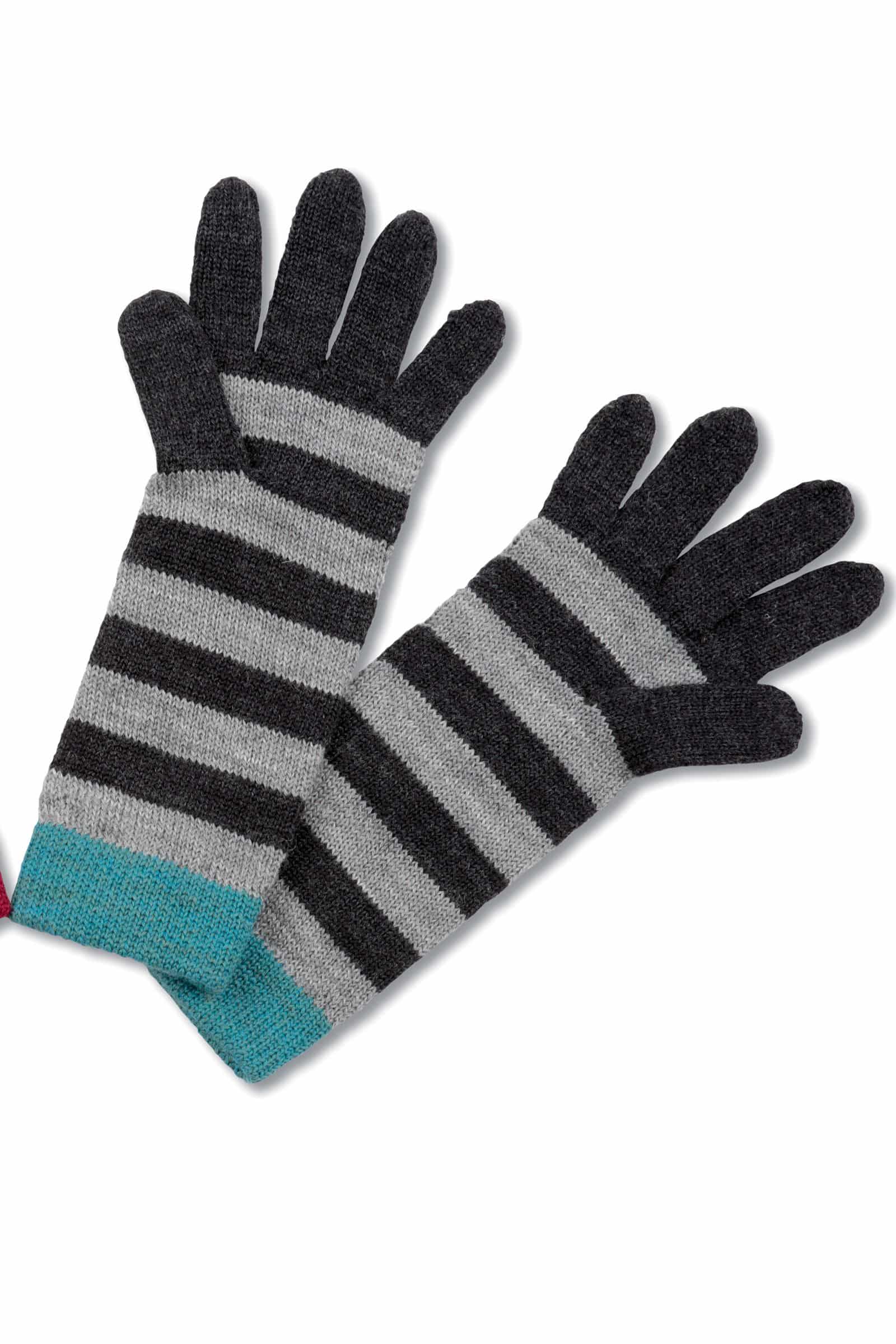 gestreifte Handschuhe in dunkelgrau/türkis aus bio Wolle (kbT) vom Finkhof