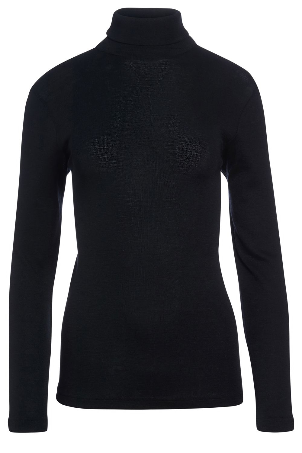 schwarzes Unterziehshirt mit Rollkragen aus bio Wolle (kbT) und Seide, Freisteller