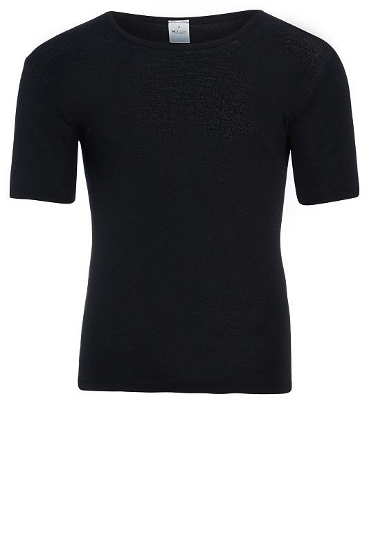 schwarzes Kurzarmhemd aus bio Wolle (kbT) und Seide für Herren, Freisteller von vorne