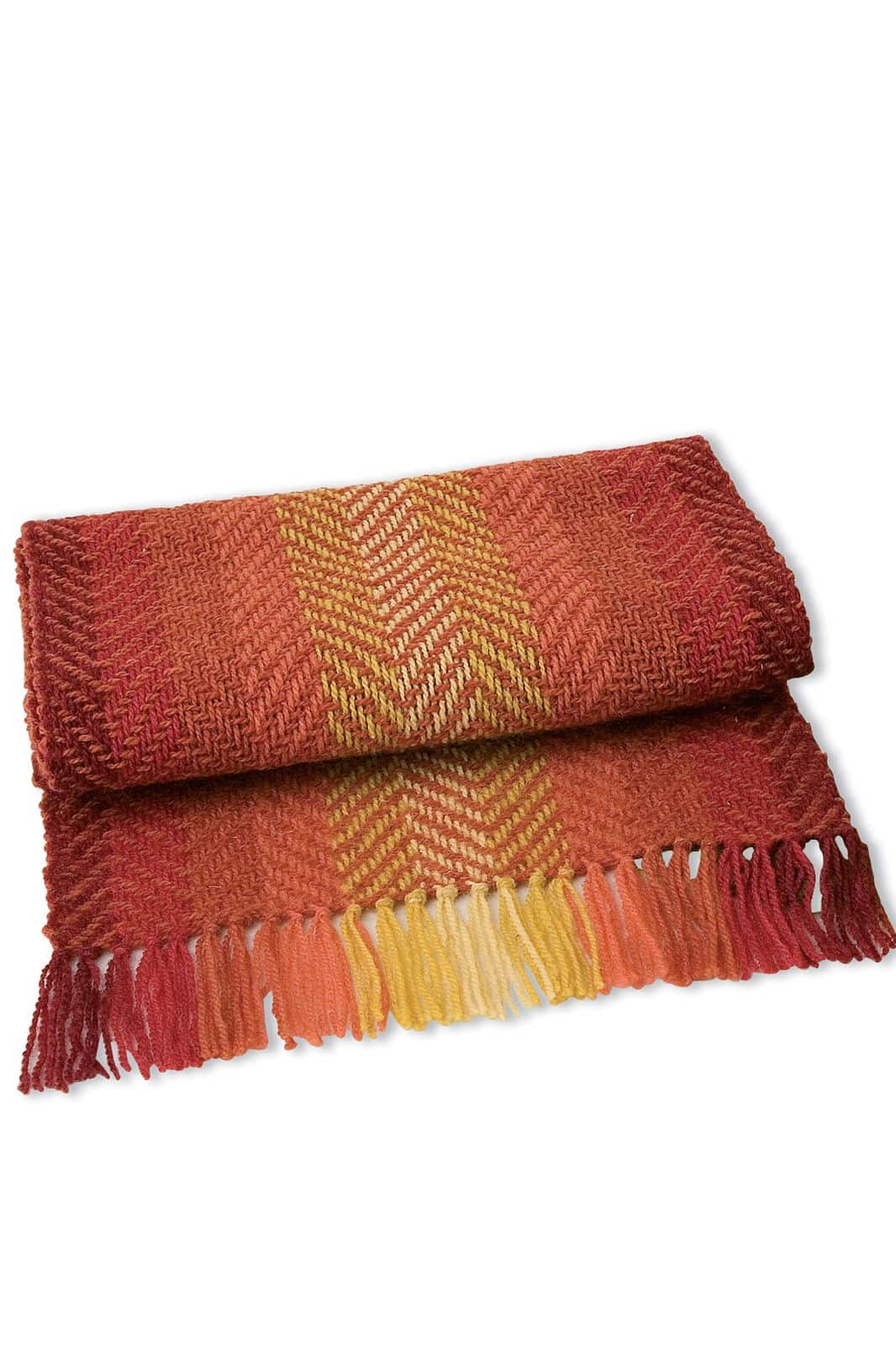 gemusterter Schal in rot und gelb aus bio Wole (kbT) mit Fransen, Freisteller
