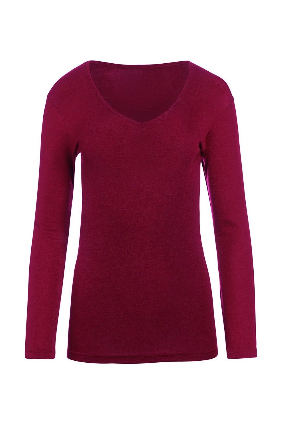 bordeauxrotes Langarmshirt aus bio Wolle (kbT) und Seide mit V Ausschnitt, Freisteller von vorne