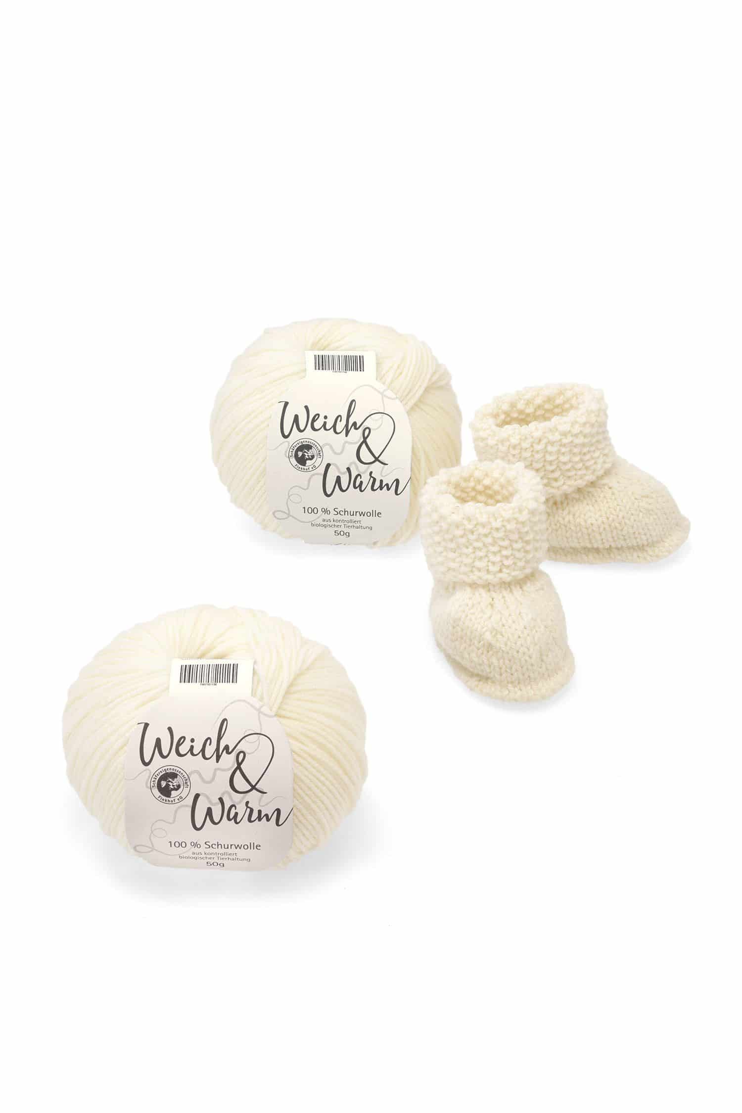 Finkhof Merinowolle Weich&Warm in weiß aus bio Wolle (kbT) als Knäule mit Babyschuhen