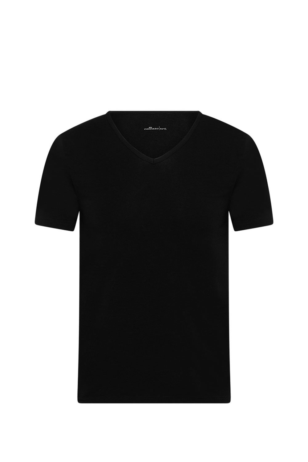 schwarzes Kurzarmshirt aus bio Baumwolle (kbA) und Elasthan mit V Ausschnitt, Freisteller von vorne