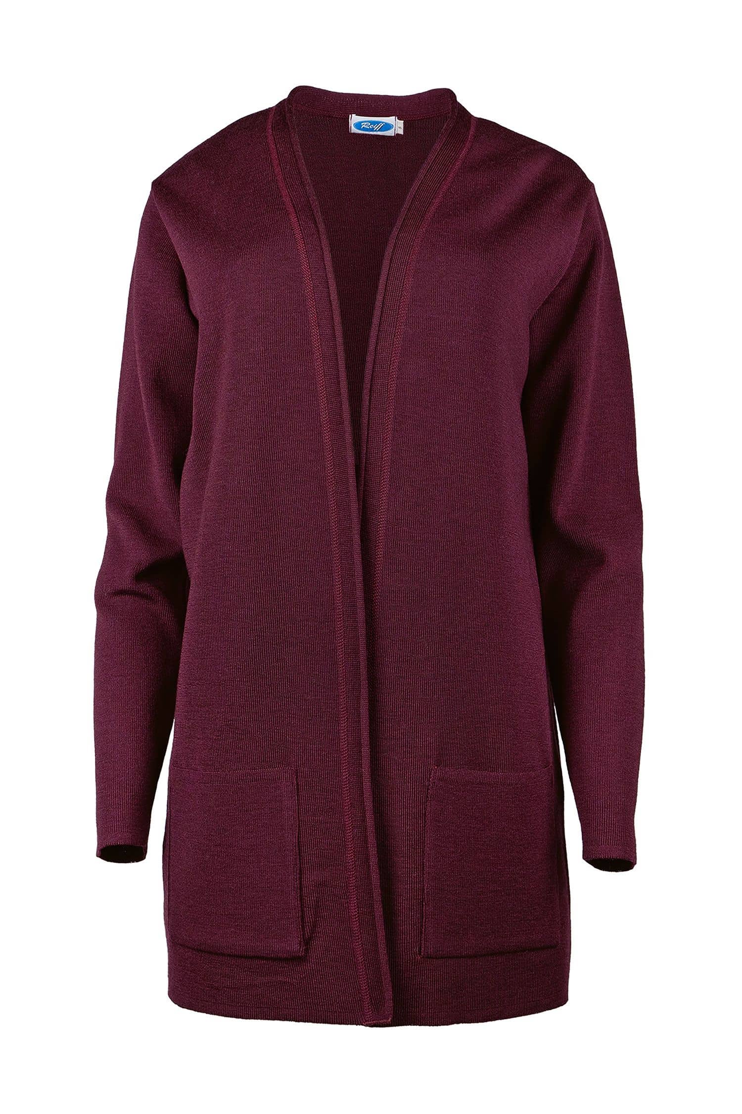 langer burgunderroter Cardigan aus bio Merinowolle (kbT), Freisteller