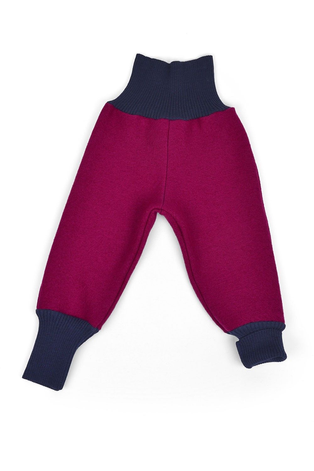 fuchsiafarbene Kinder Walkhose aus bio Wolle (kbT) vom Finkhof mit breitem Bündchen, Freisteller vorne