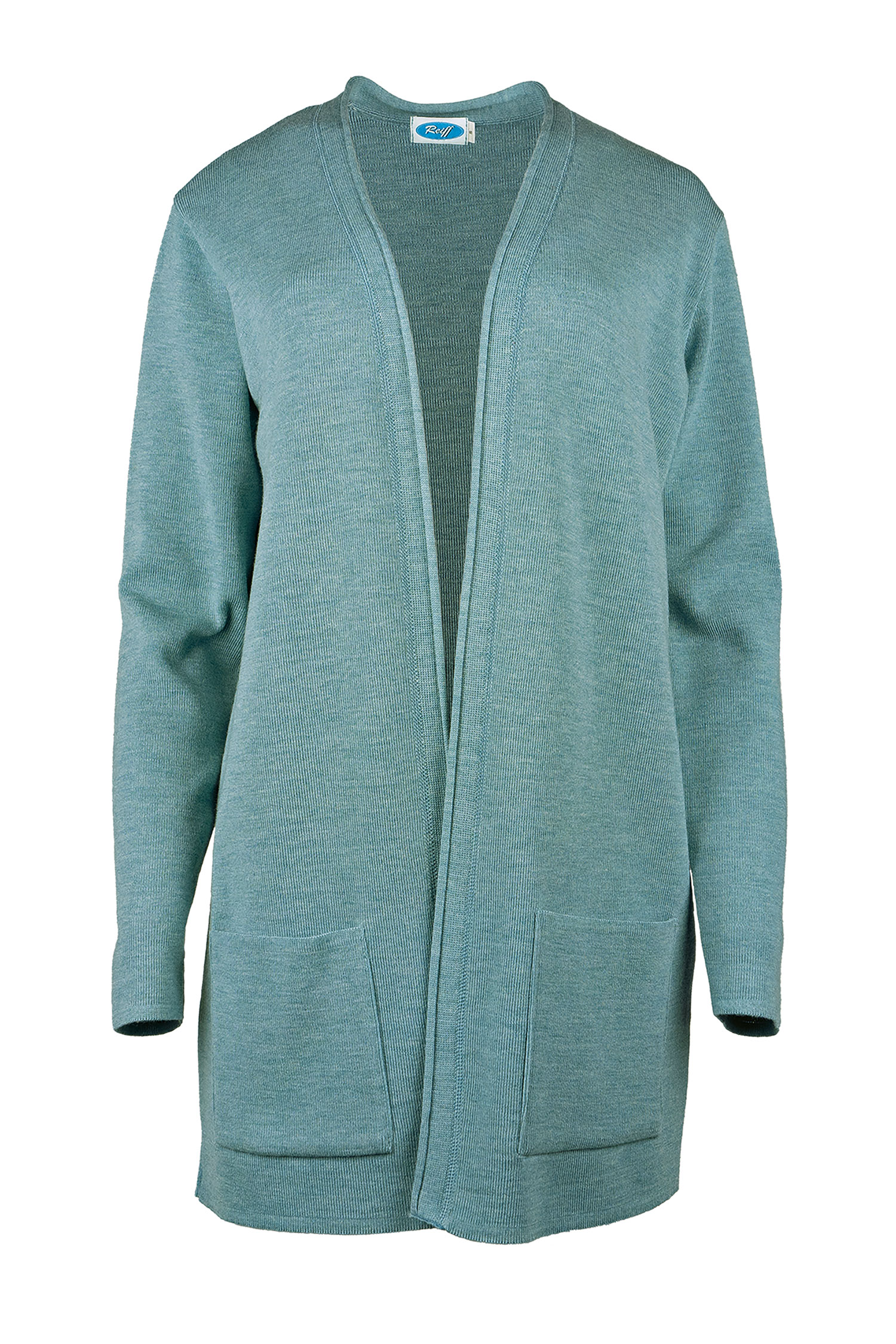 langer blauer Cardigan aus bio Merinowolle (kbT), Freisteller
