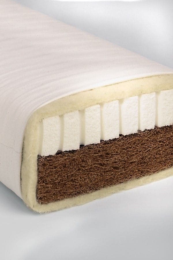 Querschnitt von Kinder-/Jugendmatratze mit 140x200cm aus bio Wolle (kbT), Baumwolle (kbA), Naturkautschuk, latex. Kokos