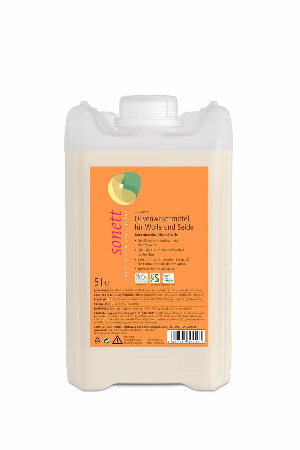 Olivenwaschmittel für Wolle und Seide mit leichtem Duft von Sonett in 5 Liter Kanister, Freisteller