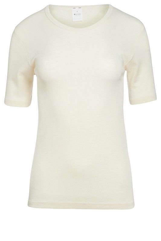 naturweißes Kurzarmhemd aus bio Wolle (kbT) und Seide für Frauen, Freisteller von vorne