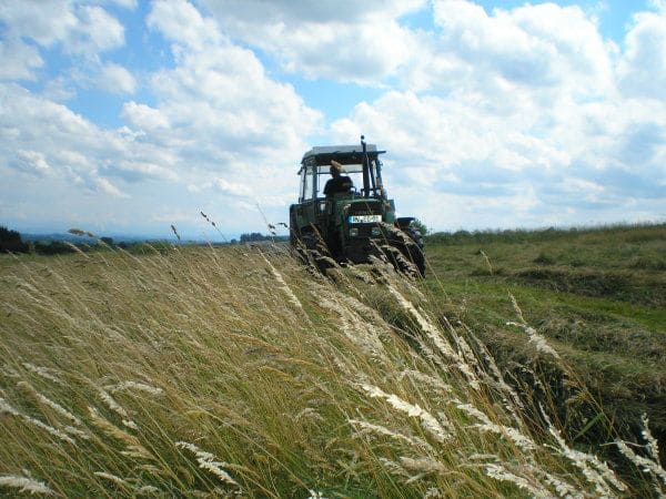 biologischer-anbau Traktor fährt auf Wiese für biologischen Anbau, Finkhof