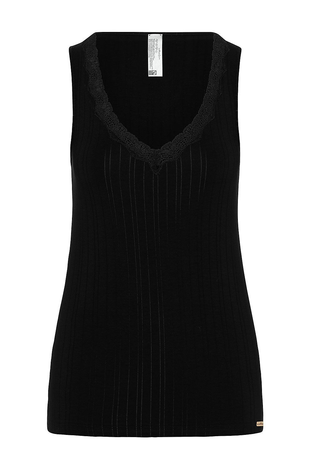 schwarzer Trägertop mit Spitze aus bio Baumwolle (kbA) und Elasthan, Freisteller von vorne