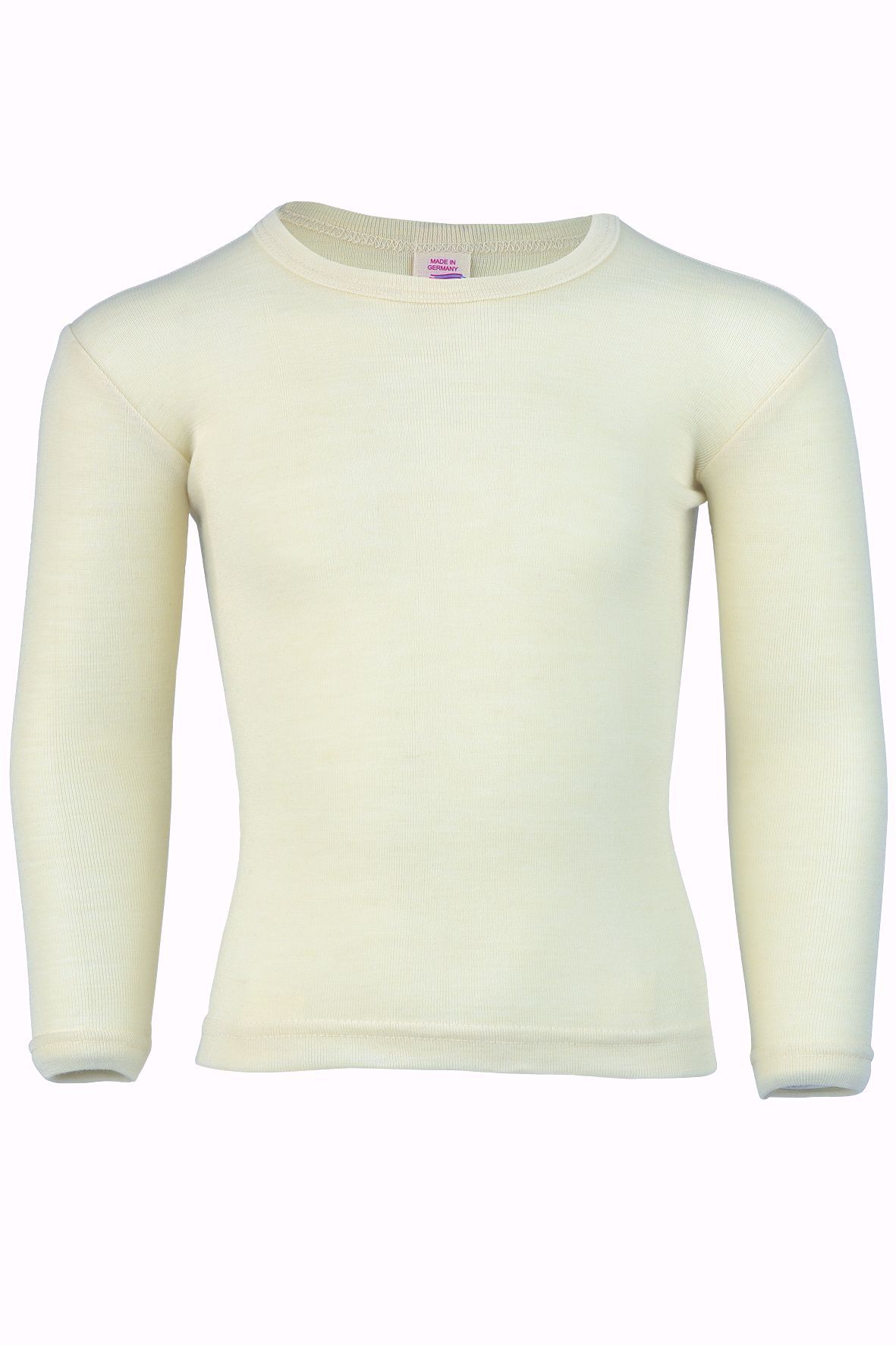 naturweißes Langarmmshirt für Kinder aus bio Wolle (kbT), Freisteller von vorne