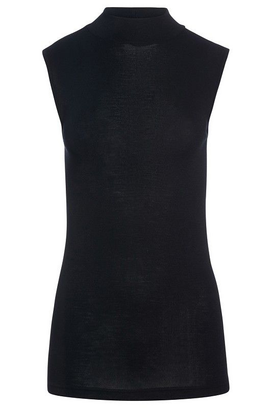 schwarzes Top mit Stehkragen aus bio Wolle (kbT) und Seide, Freisteller