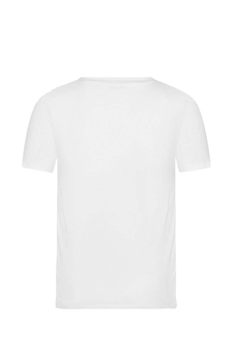 weißes Kurzarmshirt aus bio Baumwolle (kbA) und Elasthan mit V Ausschnitt, Freisteller von hinten