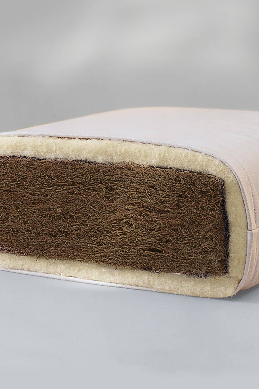 Querschnitt von Matratze mit 80x200cm aus bio Wolle (kbT), latexiertem Kokos und bio Baumwolle (kbA) vom Finkhof