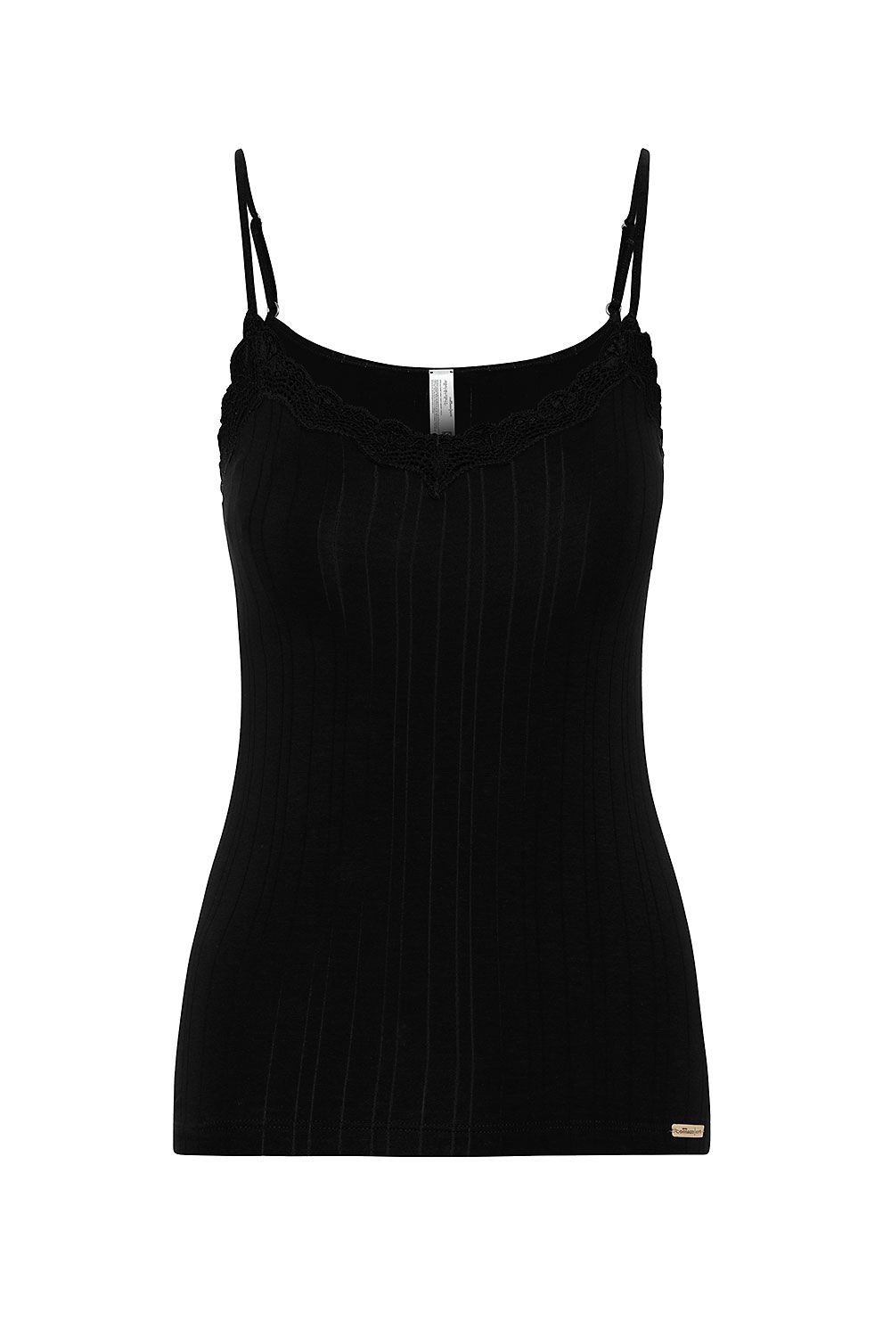 schwarzes Damen Top mit Spitze und Spaghettiträgern aus bio Baumwolle (kbA) und Elasthan, Freisteller von vorne