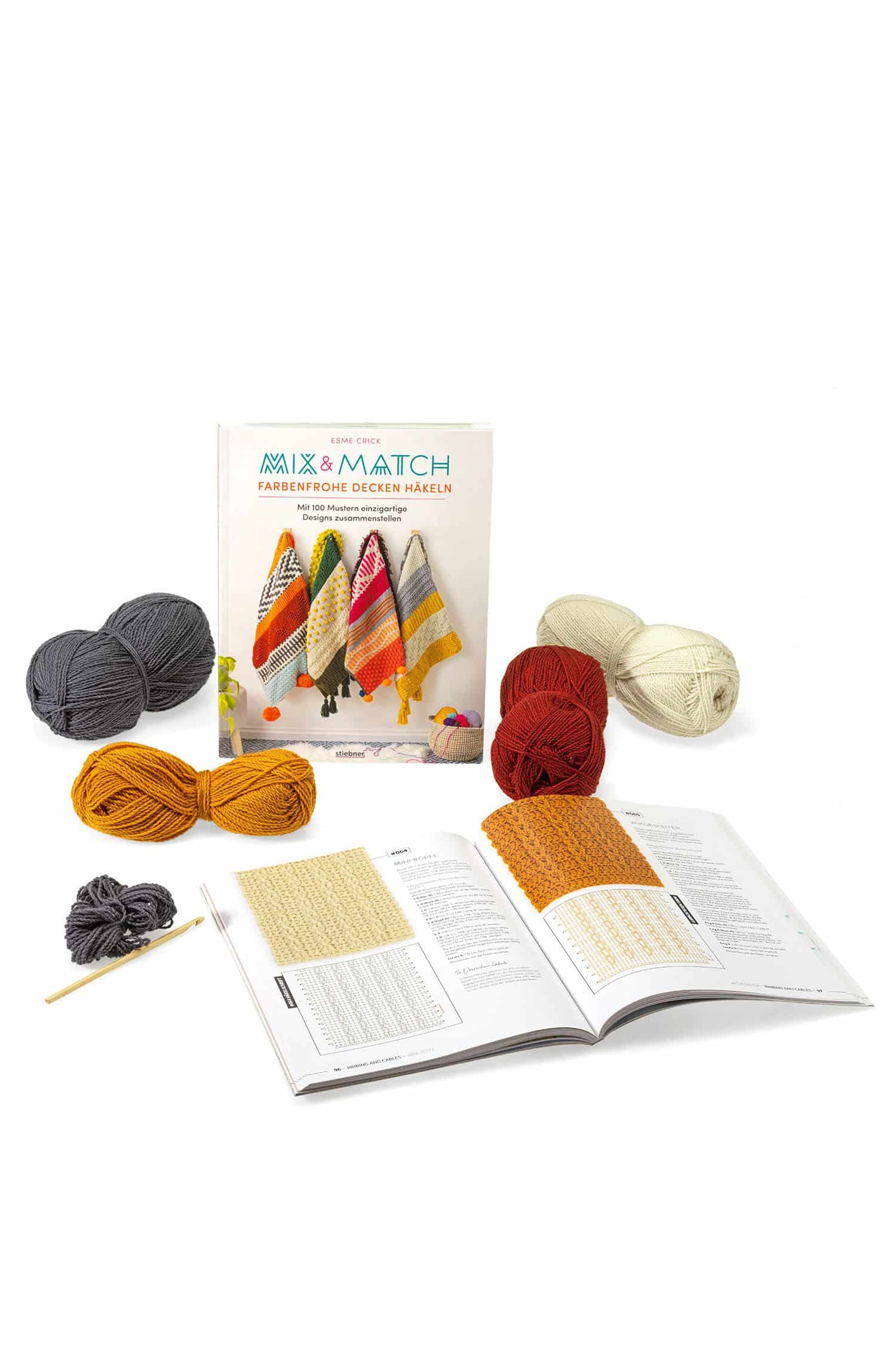 Buch ,,Mix & Match Farbenfrohe Decken häkeln" mit bunten Wollen