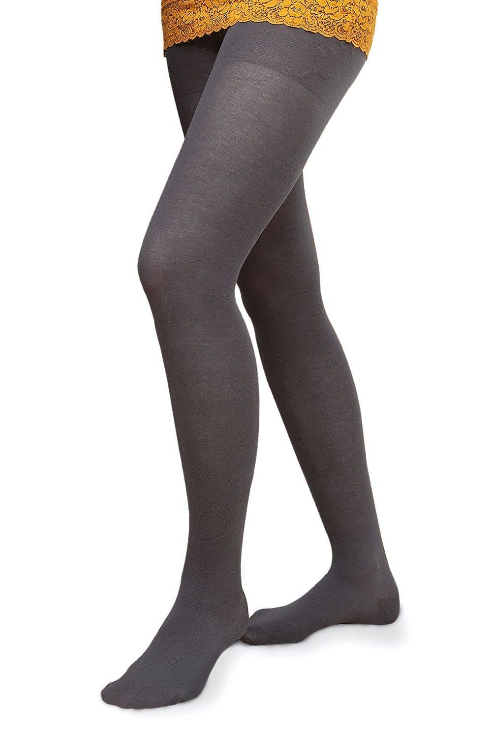 Feinstrumpfhose hellanthrazit Gr. 36/38 anthrazitfarbene Feinstrumpfhose aus bio Baumwolle (kbA) und Elasthan vom Finkhof, getragen mit gelbem Rock