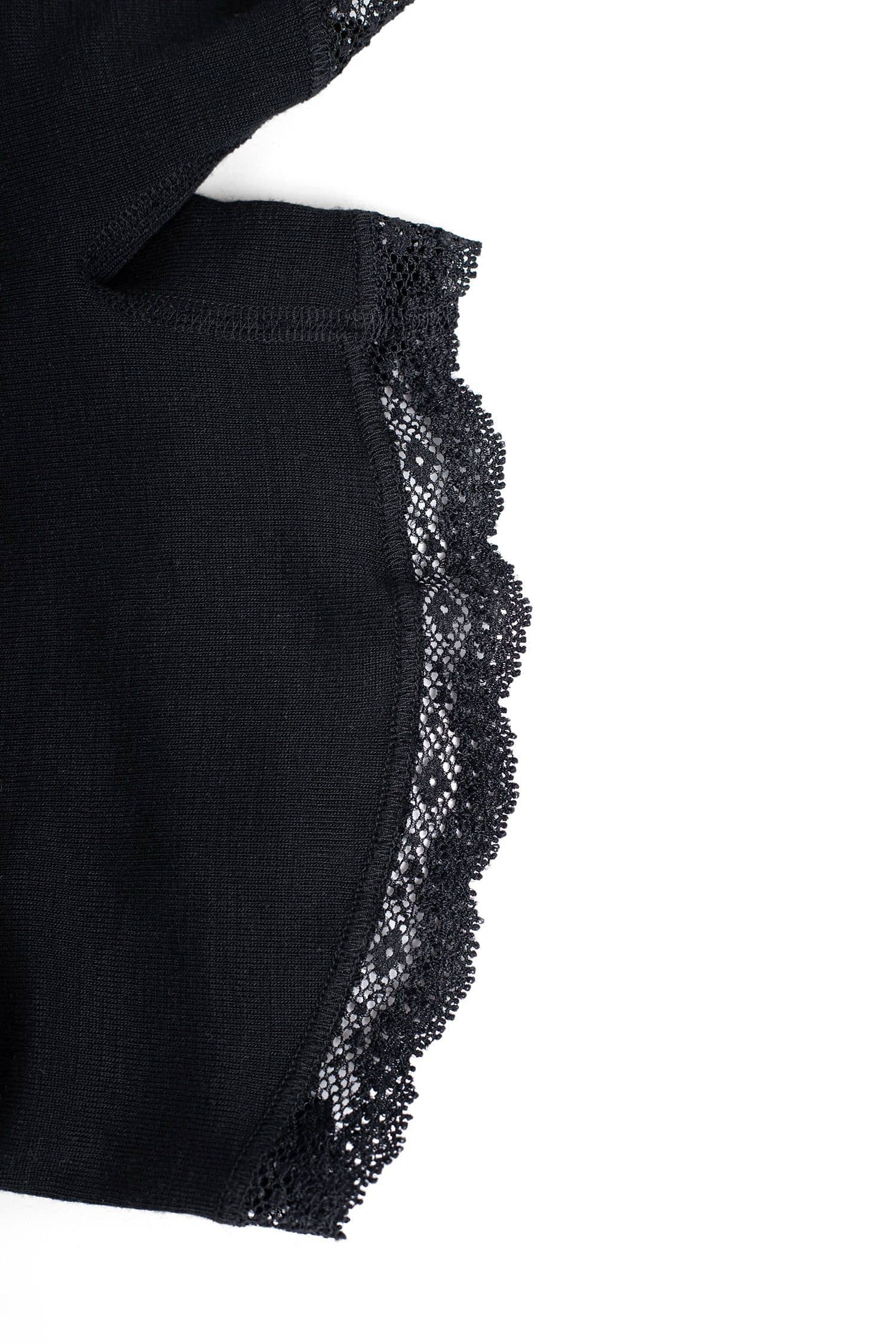 Detailaufnahme der Spitze von schwarzer Spitzenpanty aus bio Wolle (kbT) und Seide