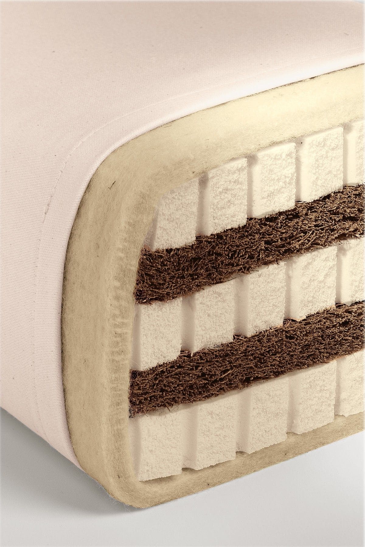 Querschnitt von Matratze 90x200cm aus bio Wolle(kbT), bio Baumwolle(kbA),latex. Kokos und Naturkaut. vom Finkhof mit Niem