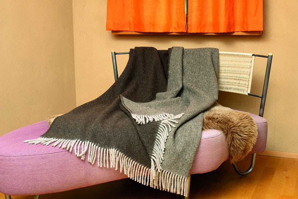 8701676-wollplaid-auf-sofa-entgiftet-die-luft-0924 braunes Wollplaid mit Fransen auf lila Sofa und oranges Sofa im Hintergrund