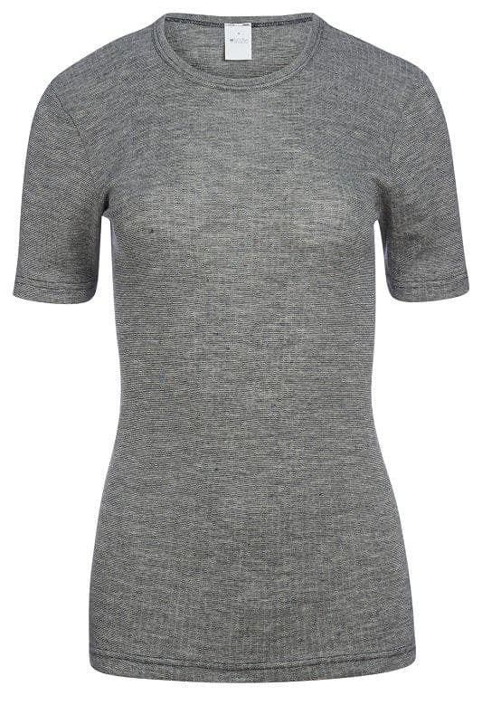 graues kurzarm Unterhemd für Mann und Frau aus bio Baumwolle (kbA), bio Wolle (kbT) und Seide, Freisteller von vorne Damen