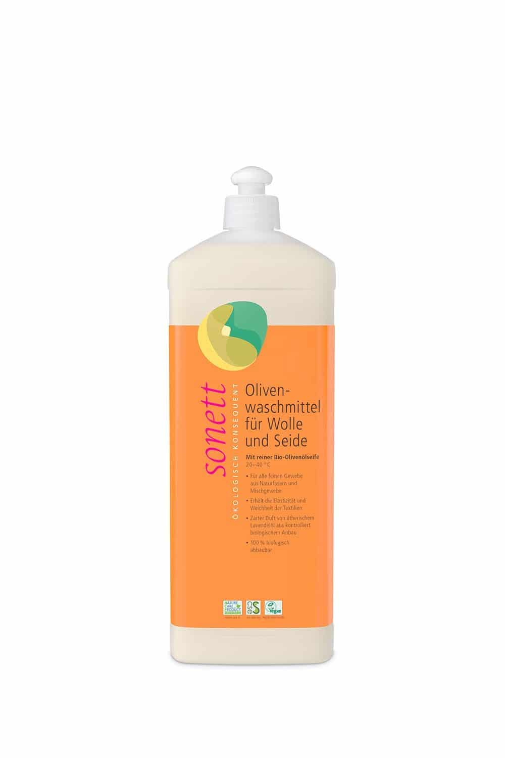 Olivenwaschmittel für Wolle und Seide mit Duft 1000 ml Olivenwaschmittel für Wolle und Seide mit leichtem Duft von Sonett in 1 Liter Flasche, Freisteller