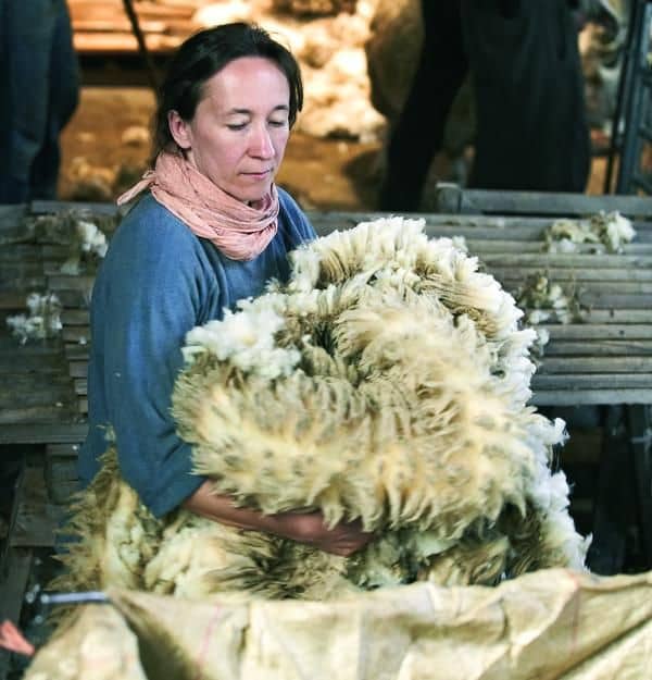 unsere-natuerliche-wolle593e7db15dfb35cee281007ff5 Finkhof Frau sitzt mit geschorener Schafwolle da