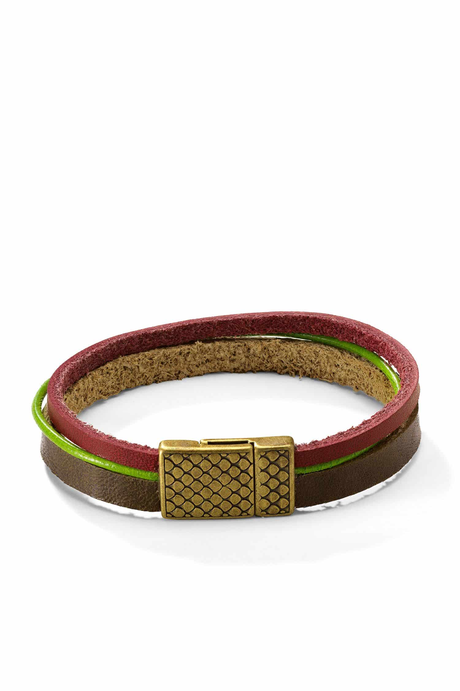 Lederarmband olive aus Rinds- und Ziegenleder in rot, braun, grün