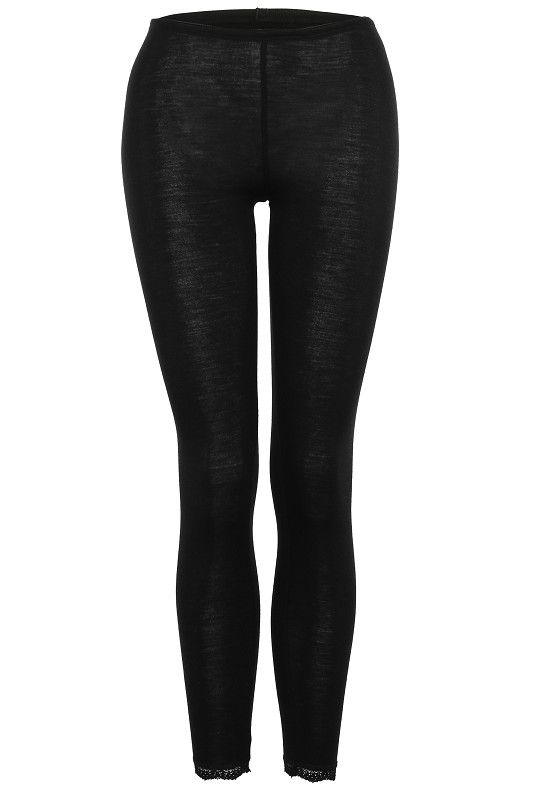 schwarze Romantikleggings mit Spitzenabschlüssen aus bio Wolle (kbT) und Seide, Freisteller von vorne