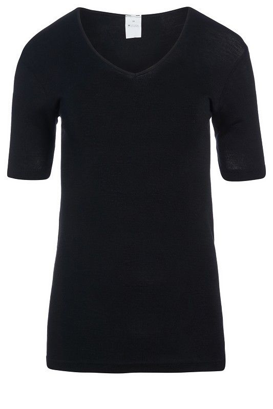 schwarzes Kurzarmshirt aus bio Wolle (kbT) und Seide mit V Ausschnitt, Freisteller