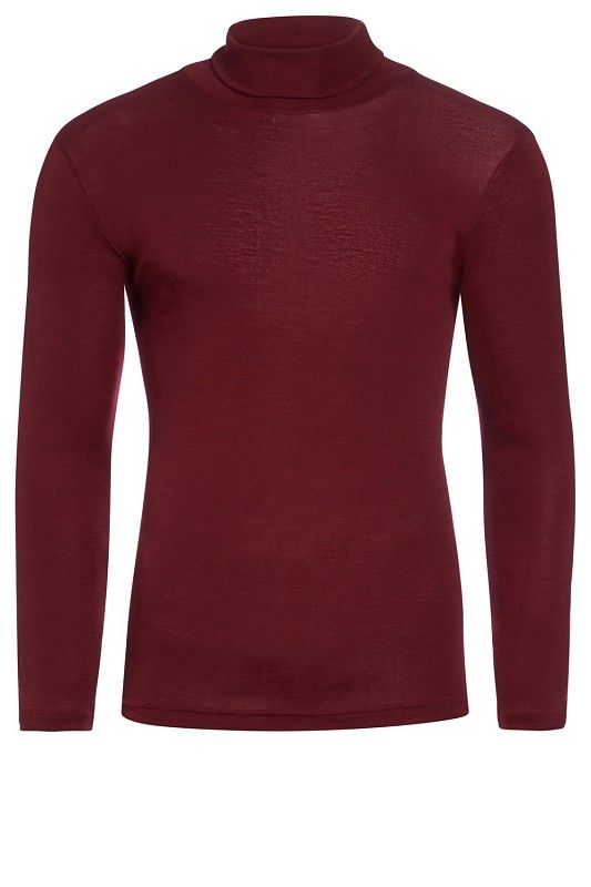 bordeauxrotes Unterziehshirt mit Rollkragen aus bio Wolle (kbT) und Seide, Freisteller