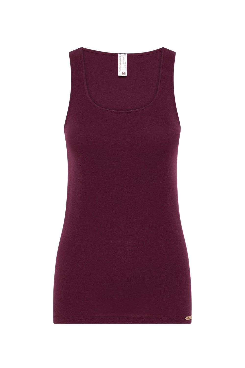 burgunderrotes Damen Achselhemd mit breiten Trägern aus bio Baumwolle (kbA), Freisteller von vorne