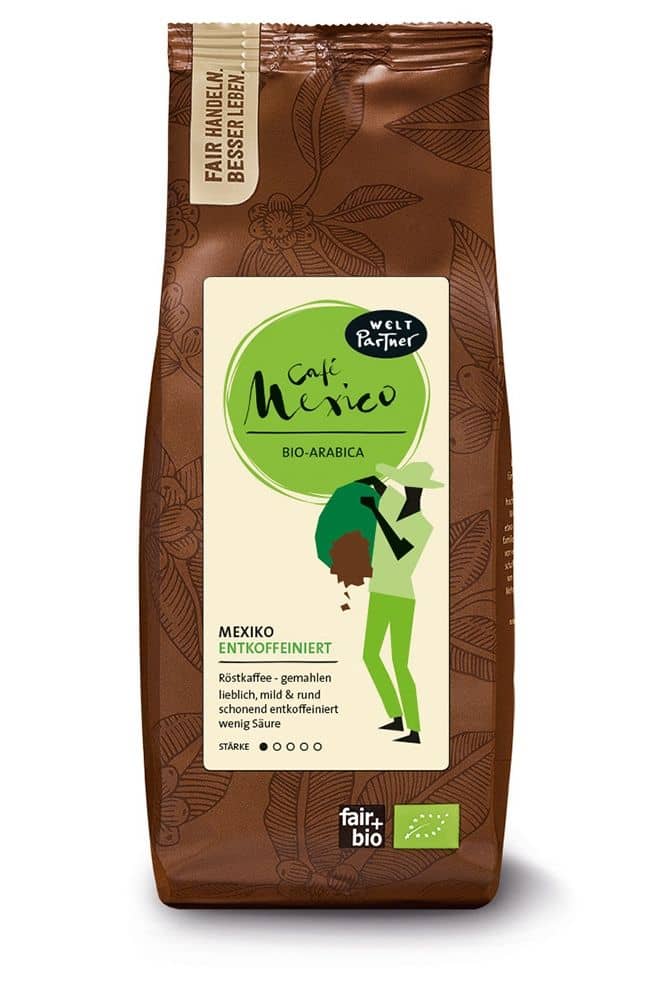 koffeinfreier Cafe Mexico von WeltPartner in grün brauner 250g Packung als Freisteller