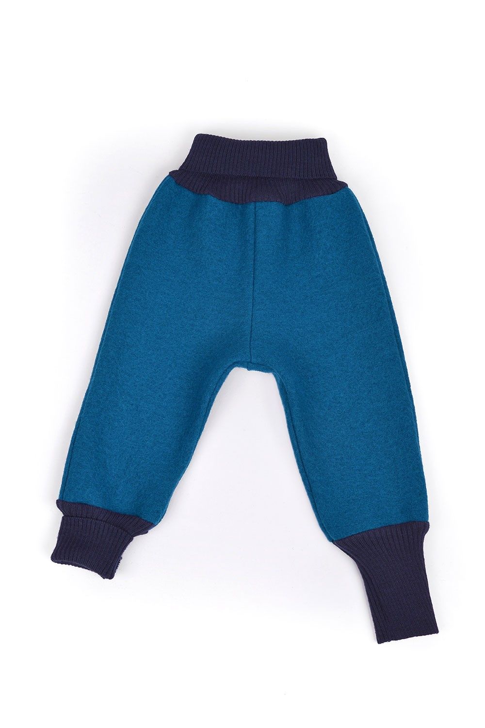 türkise Kinder Walkhose aus bio Wolle (kbT) vom Finkhof mit breiten Bündchen, Freisteller hinten