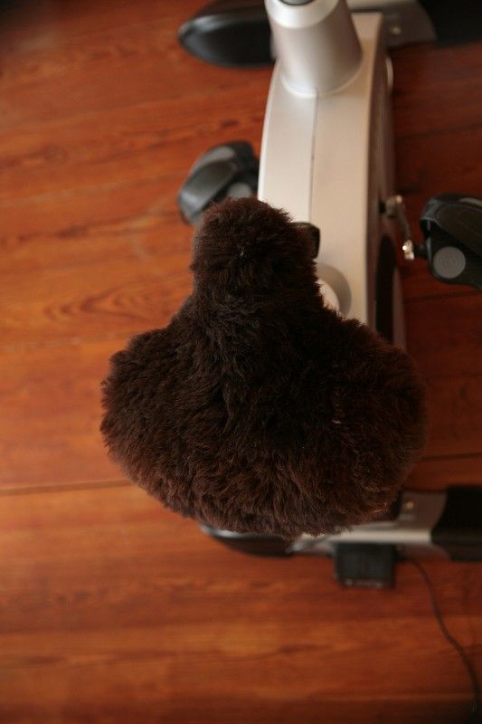 brauner extrabreiter pflanzlich gegerbter Sattelbezug vom Finkhof aus bio Wolle (kbT) und Schaffell auf Hometrainer von oben