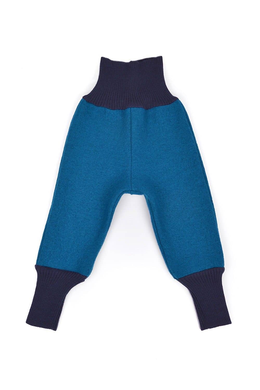 indigoblaue Kinder Walkhose aus bio Wolle (kbT) vom Finkhof mit breiten Bündchen, Freisteller vorne