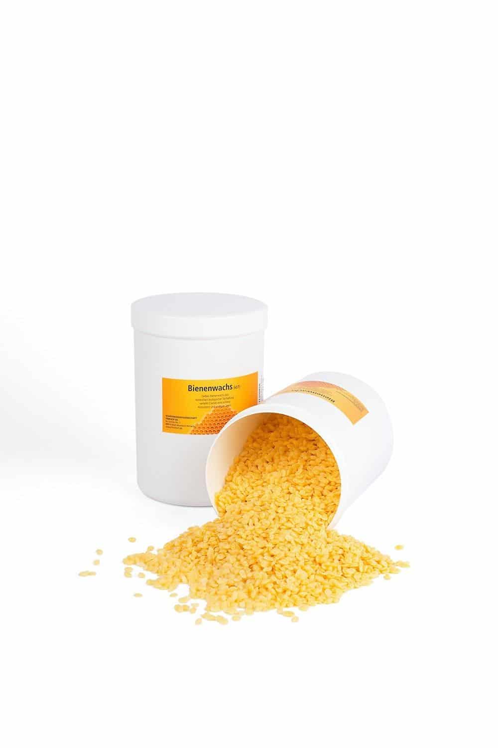 Bienenwachs (kbA) 500 g geschlossene und geöffnete umgekippte weiße 500g Dose bio Bienenwachs (kbA) vom Finkhof