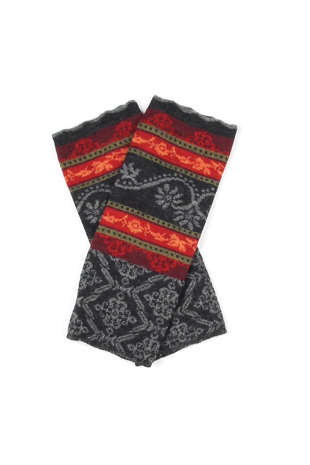 Paar rot grau gemusterte Beinstulpen ,,Gewitter" aus bio Wolle (kbT), Freisteller