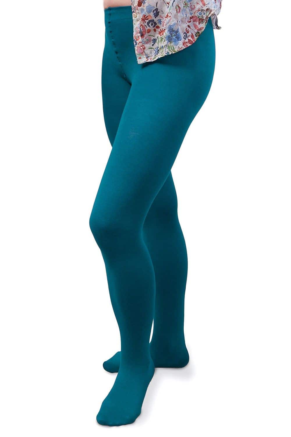 türkise Feinstrumpfhose aus bio Baumwolle (kbA) und Elasthan vom Finkhof, getragen von vorne