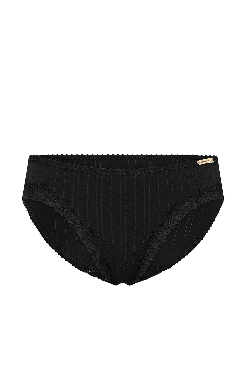 schwarzer Spitzenslip aus bio Baumwolle (kbA) und Elasthan, Freisteller von vorne