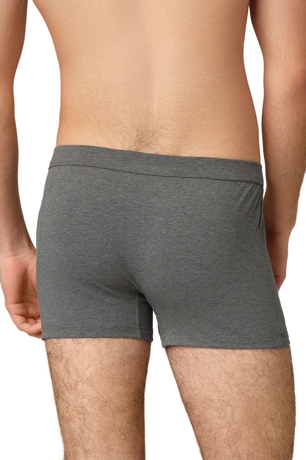 Rückansicht von Model mit dunkelgrauer Boxershorts aus bio Baumwolle (kbA) und Elasthan