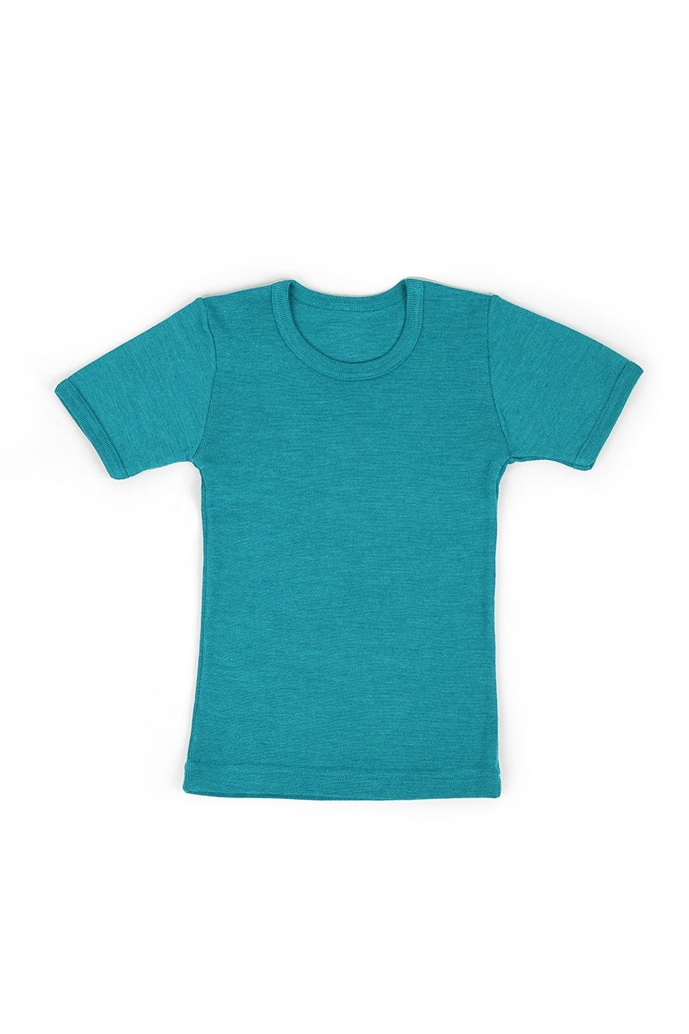türkises Kurzarmshirt aus bio Wolle (kbT) und Seide, Freisteller