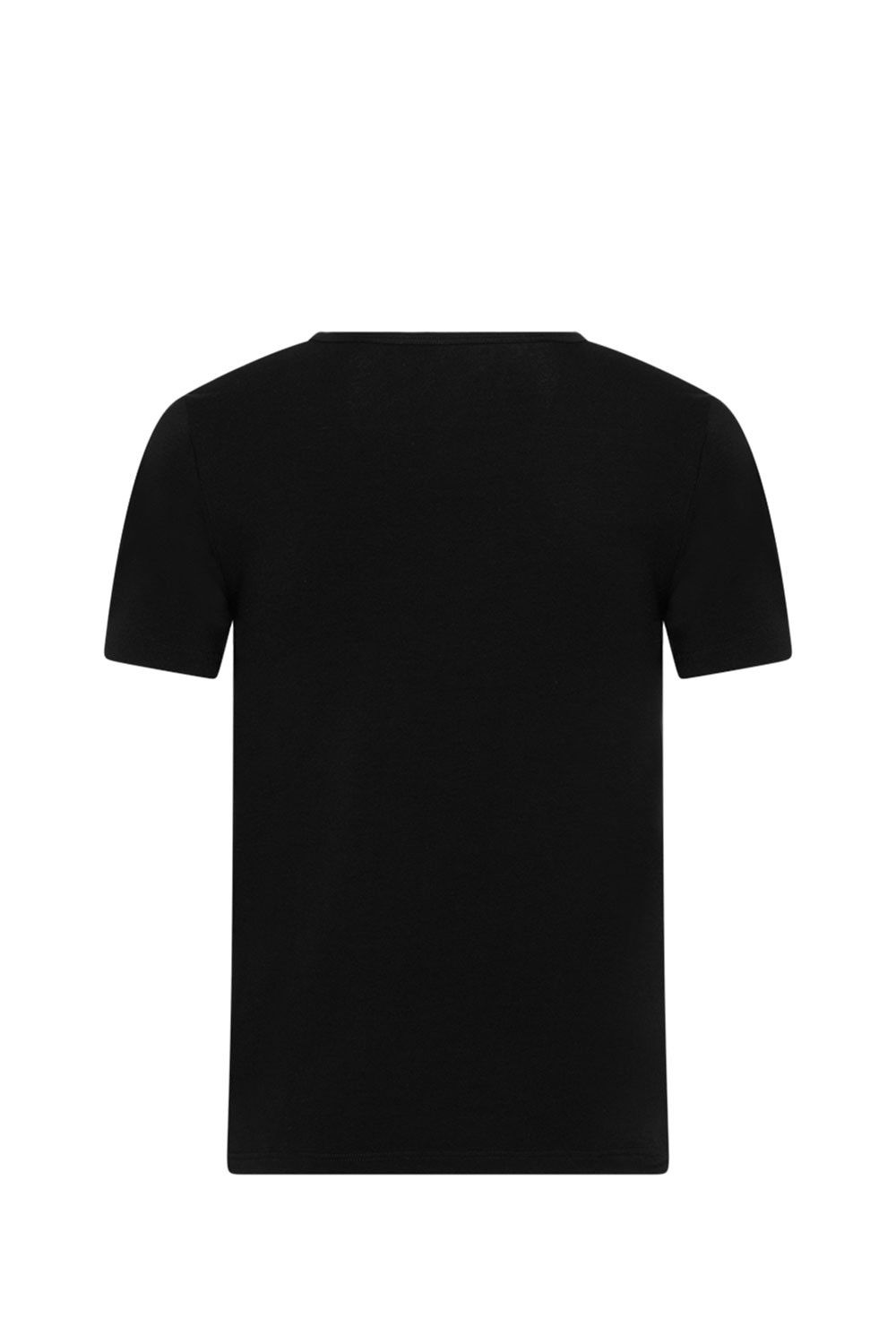 schwarzes Kurzarmshirt aus bio Baumwolle (kbA) und Elasthan mit V Ausschnitt, Freisteller von hinten