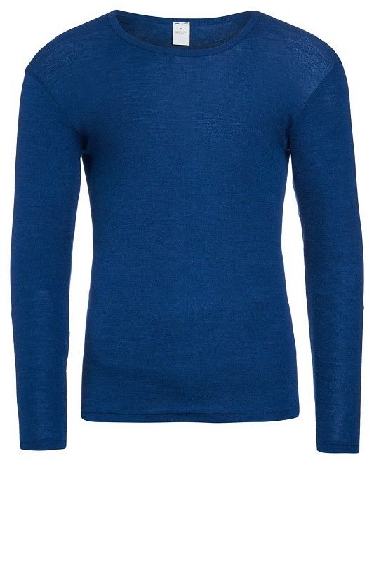 dunkelblaues Langarmhemd aus bio Wolle (kbT) und Seide für Herren, Freisteller von vorne